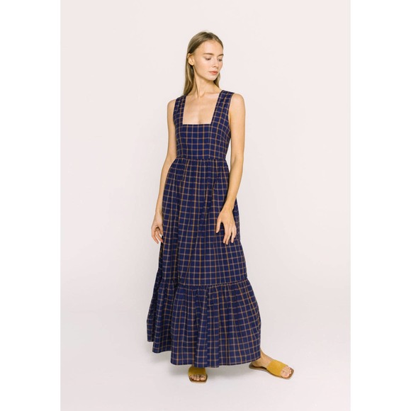 Plaid Navy and Brown Tie-Back Maxi Dress - Picture 2 of 6